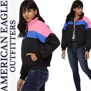 American Eagle Retro 80’s Style Colorblock Zip Up Puffer Ski Coat Jacket S